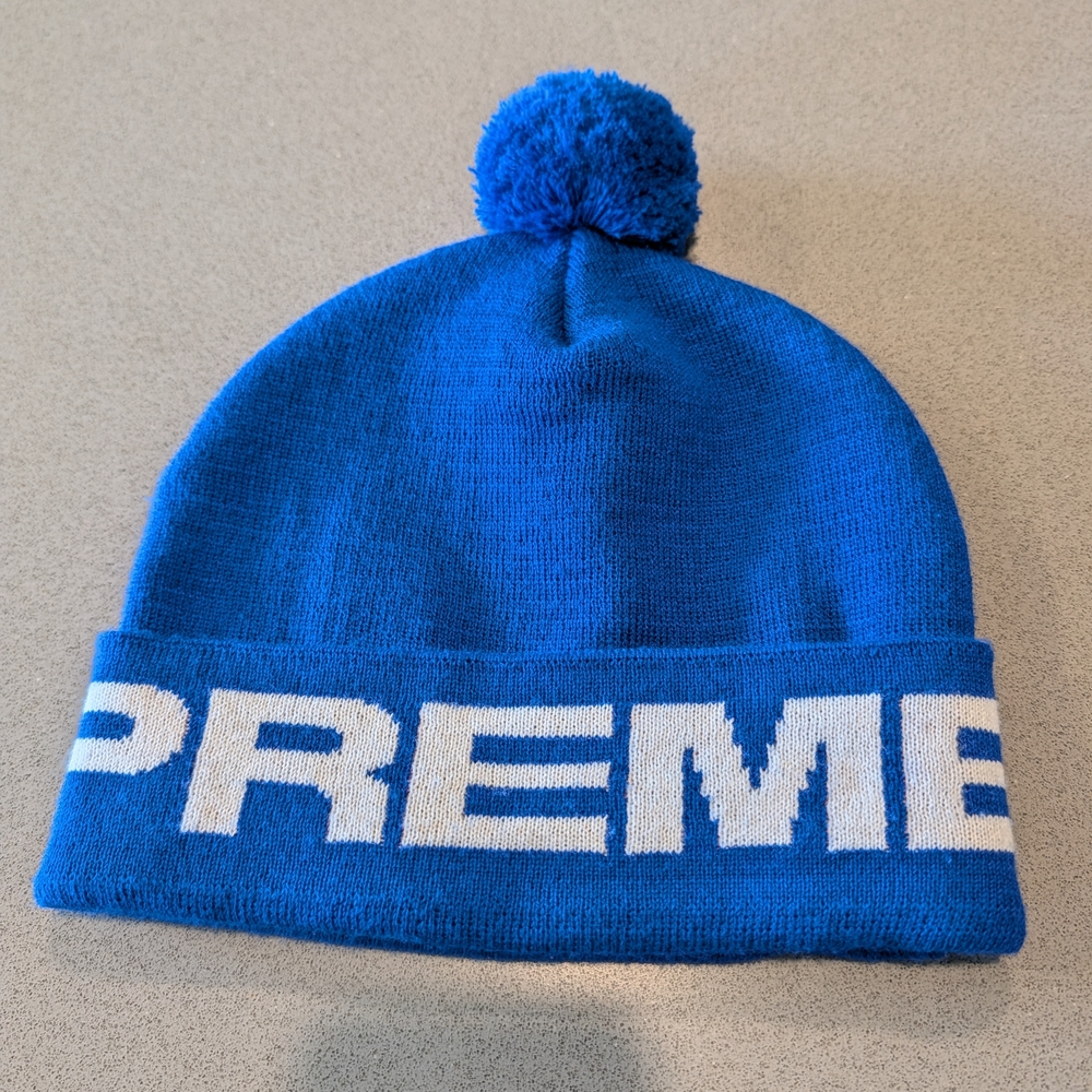 Supreme Heart Blue Knit Beanie with White Supreme Logo